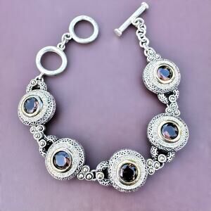 Vintage Premier Designs Retired Two-Tone Silver Link Bracelet Smoky Glass Stones
